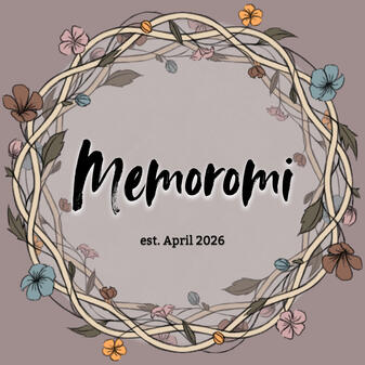 A wreath of dried wines and flowers in muted colors around the name Memoromi